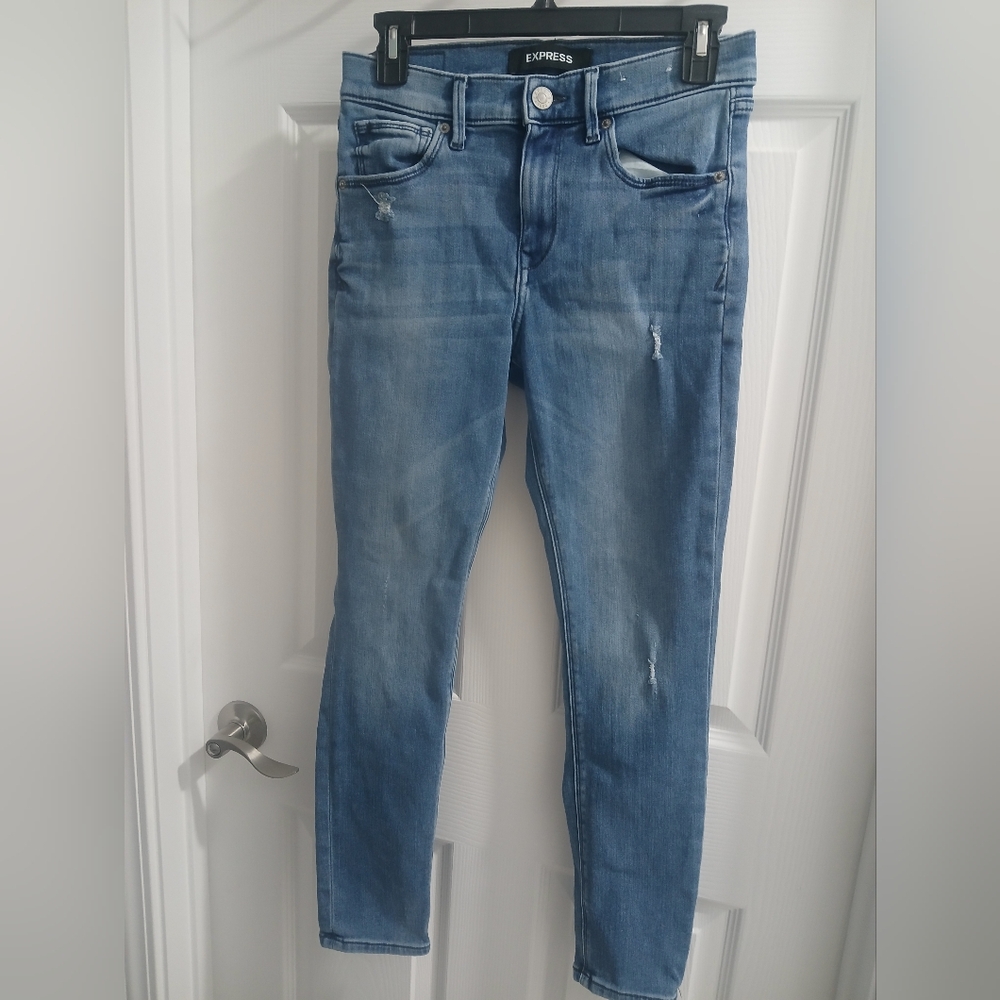 Express Denim Blue Distressed Jeggings - Picture 5 of 10